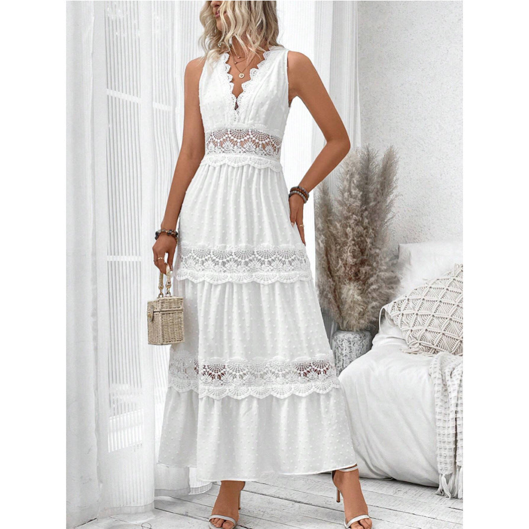 Women's Elegant White Maxi Dress Sleeveless Polyester for Summer Events