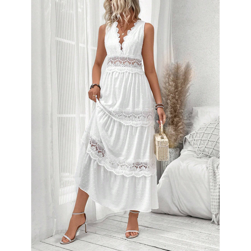 Women's Elegant White Maxi Dress Sleeveless Polyester for Summer Events