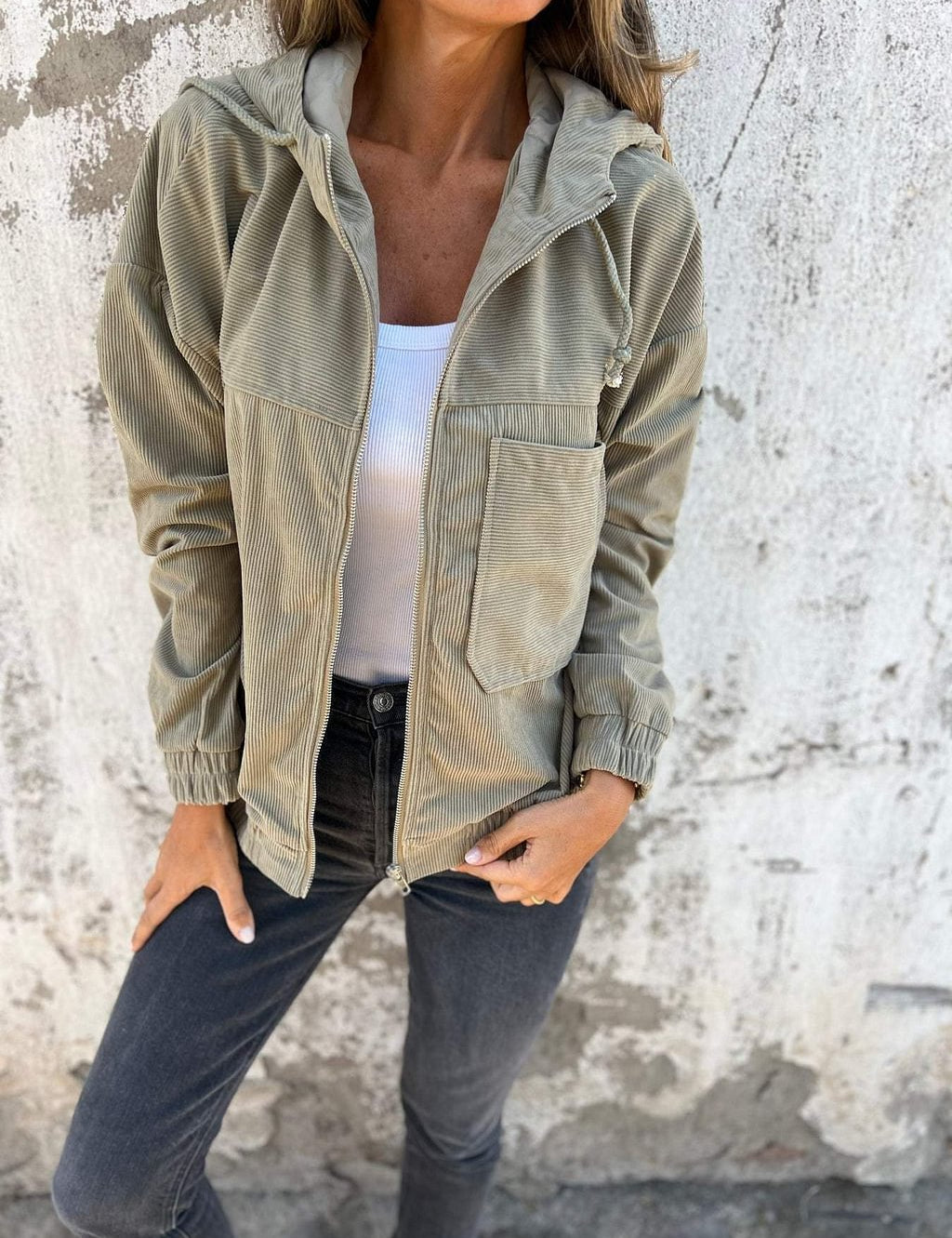 Women's Casual Hooded Jacket Comfortable Corduroy Polyester Street Fashion