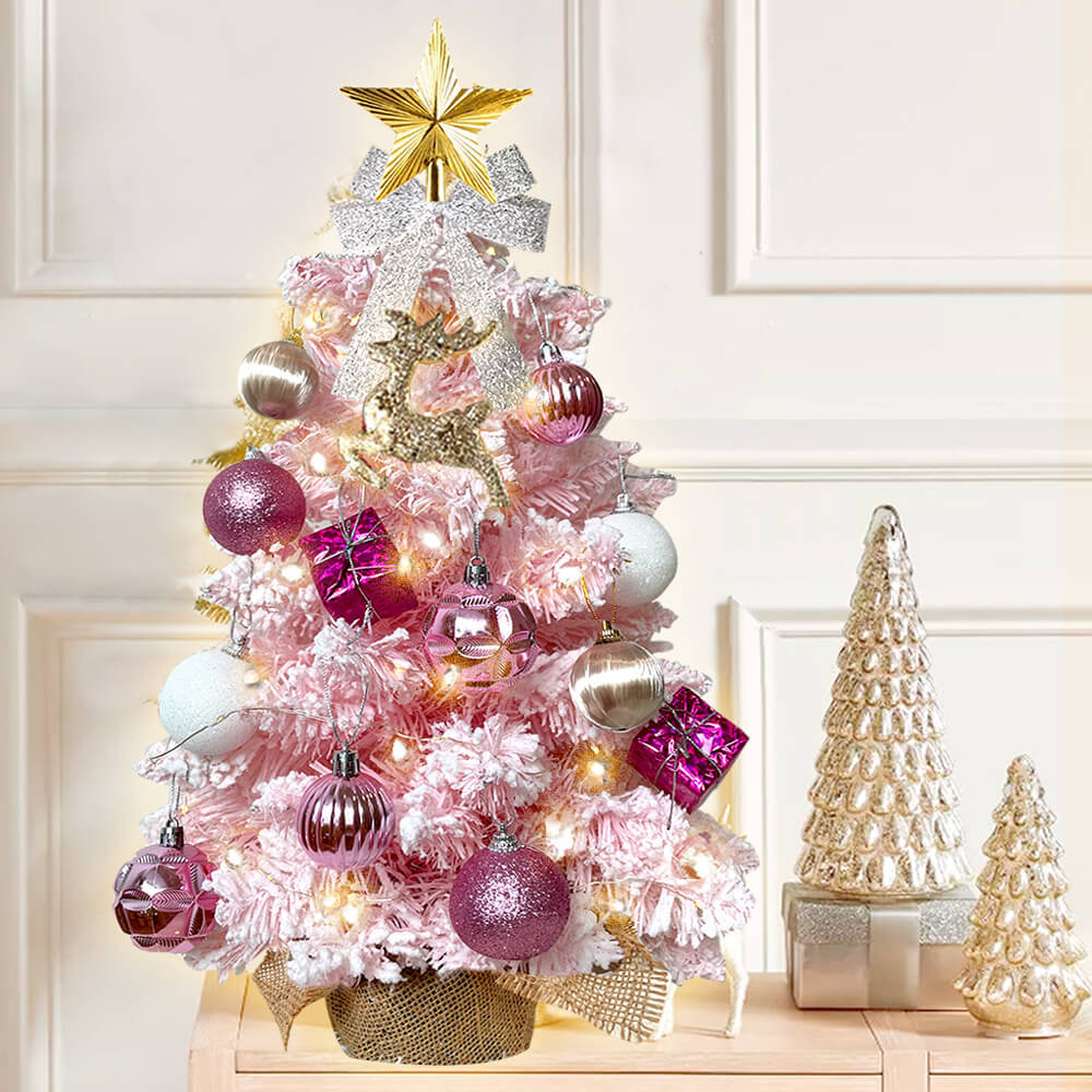 60 cm mini Christmas tree with lights artificial small tabletop Christmas decoration with flocked snow, exquisite decoration and Christmas balls for tabletop for home and office 0
