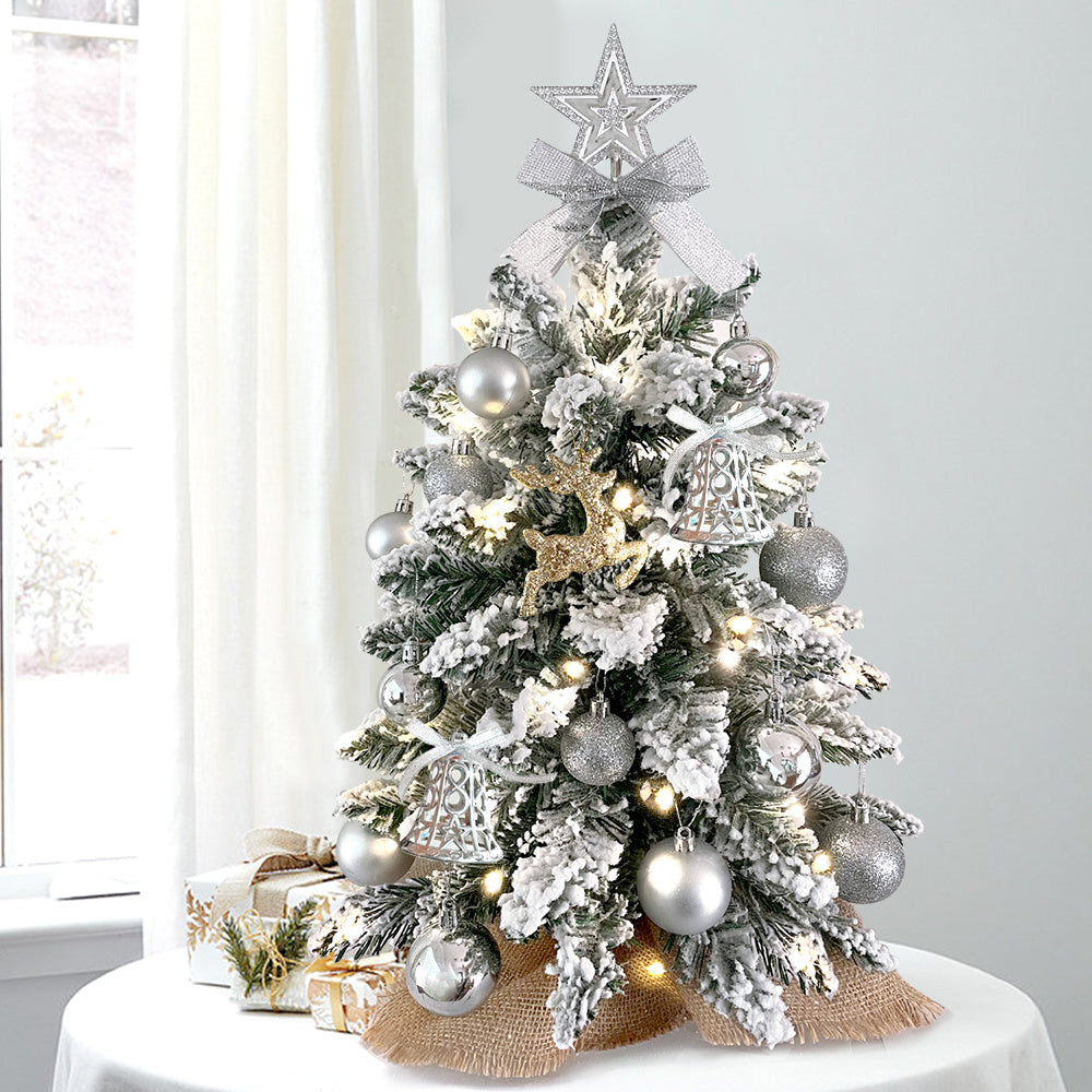 60 cm mini Christmas tree with lights artificial small tabletop Christmas decoration with flocked snow, exquisite decoration and Christmas balls for tabletop for home and office 1