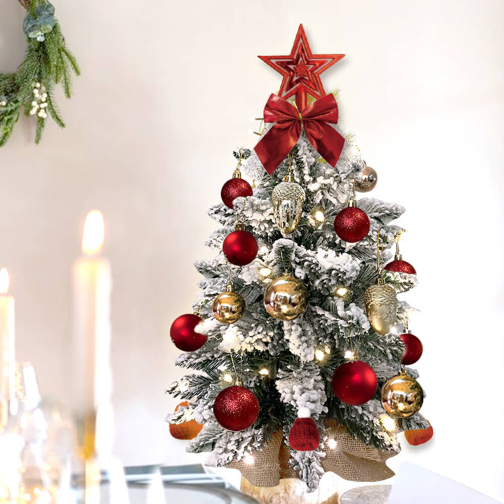 60 cm mini Christmas tree with lights artificial small tabletop Christmas decoration with flocked snow, exquisite decoration and Christmas balls for tabletop for home and office 1