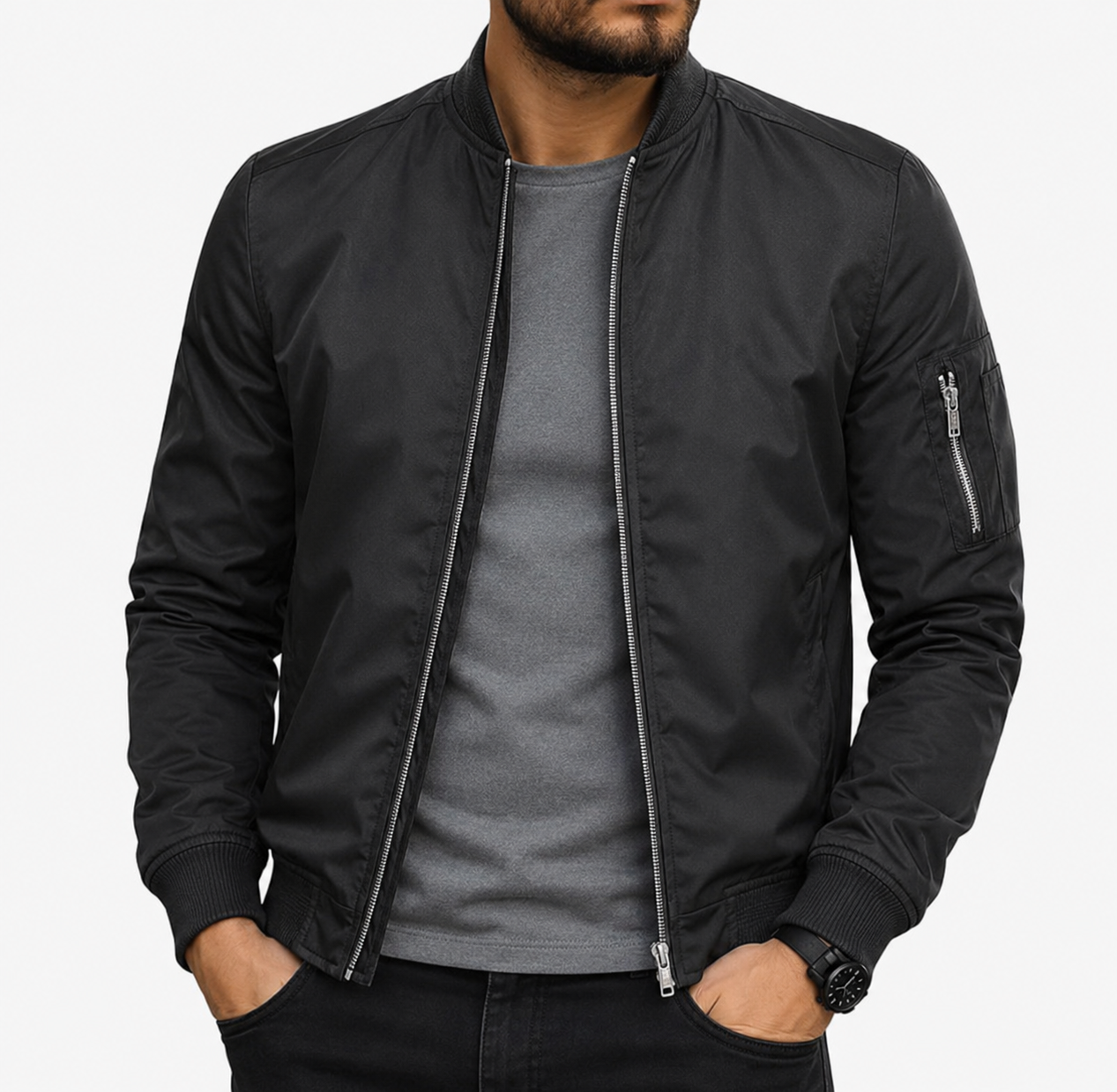 Men's Bomber Jacket with Zip Closure, Ribbed Cuffs - Stylish Casual Men's Coats for Everyday Wear