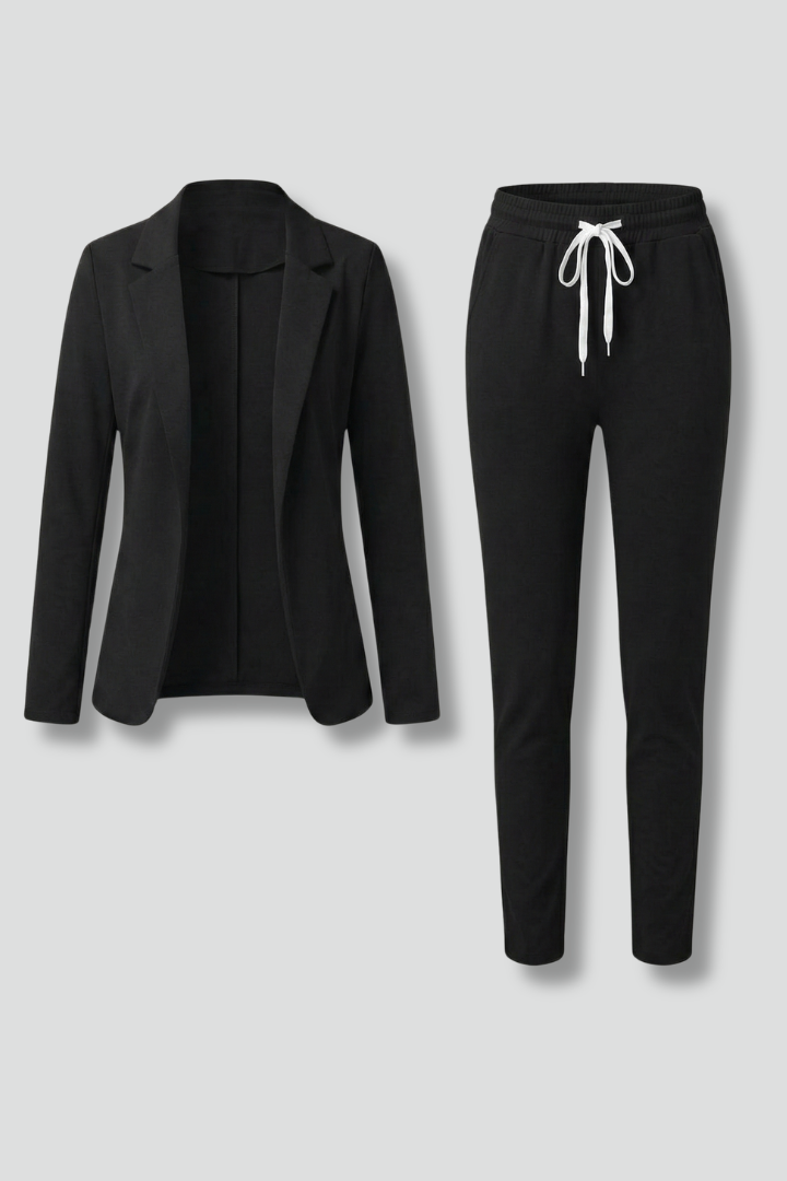 Chic Women's Tailored Trouser Set with Lapel Collar and Elastic Waistband for Effortless Style 1