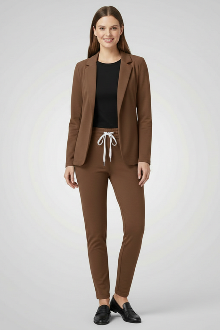 Chic Women's Tailored Trouser Set with Lapel Collar and Elastic Waistband for Effortless Style 8