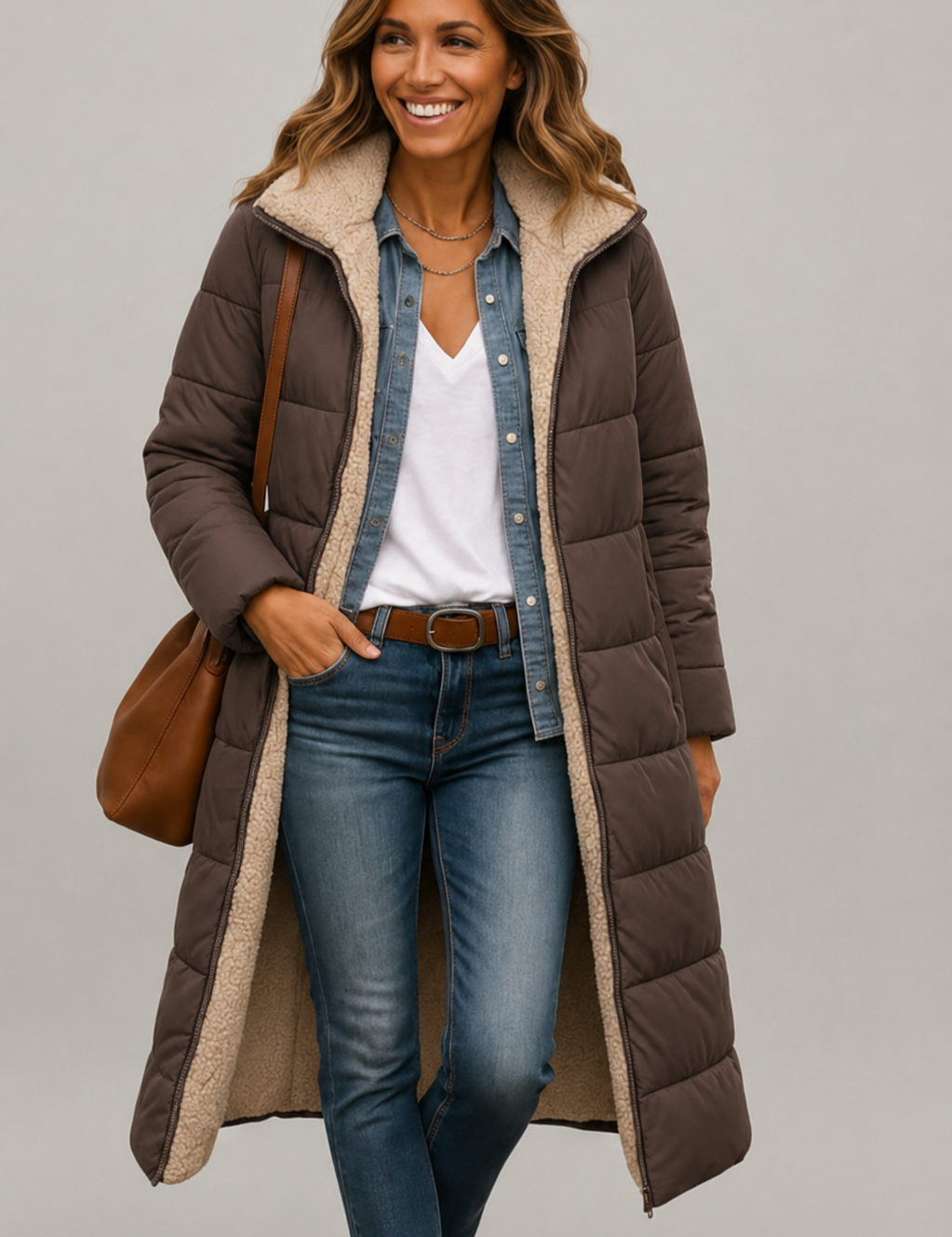 Women's Quilted Long Coat with Hood and Zip Closure