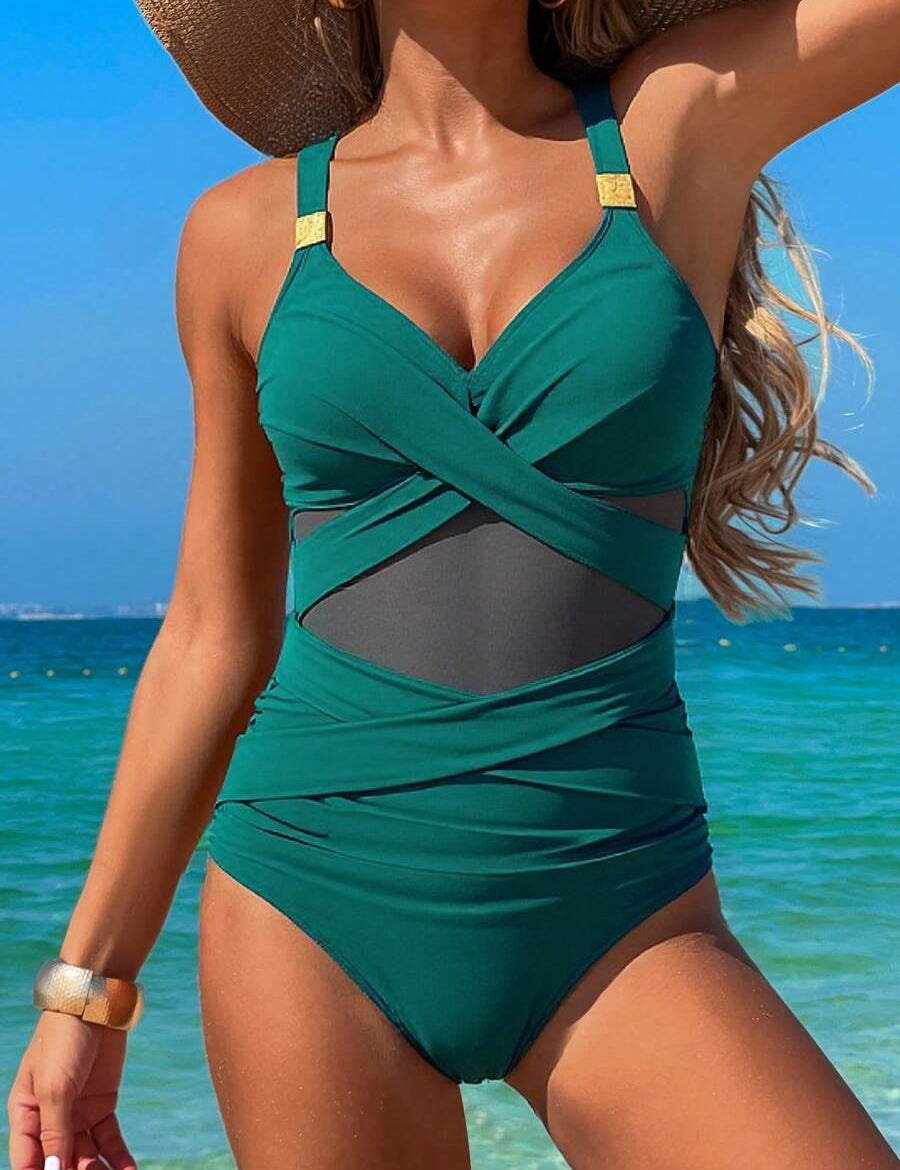 Cross front mesh swimsuit for summer elegance 0
