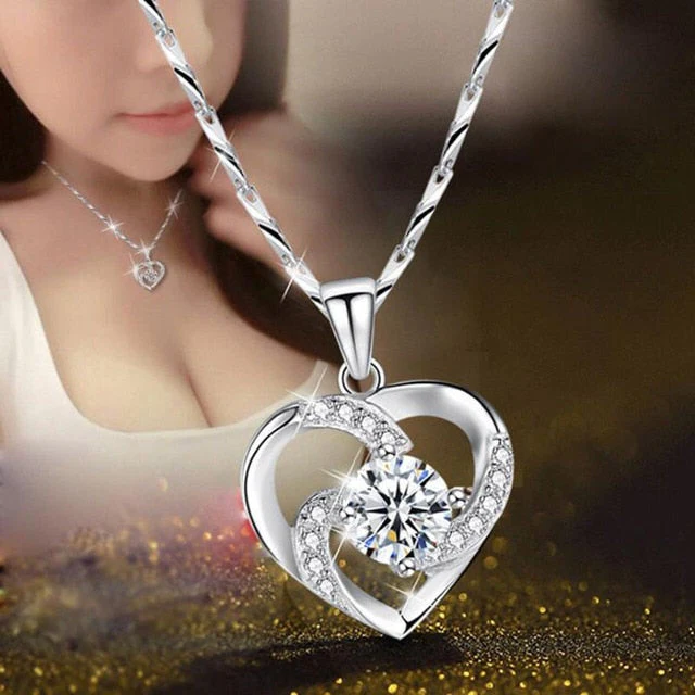 Crystal Heart Necklace - 925 Sterling Silver Pendant with CZ Crystal 0