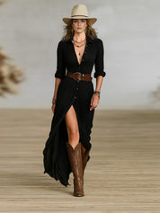 Elegant Long Belted Dress with Pleated Lapels for Women 1