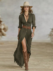 Elegant Long Belted Dress with Pleated Lapels for Women 2