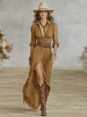 Elegant Long Belted Dress with Pleated Lapels for Women 3