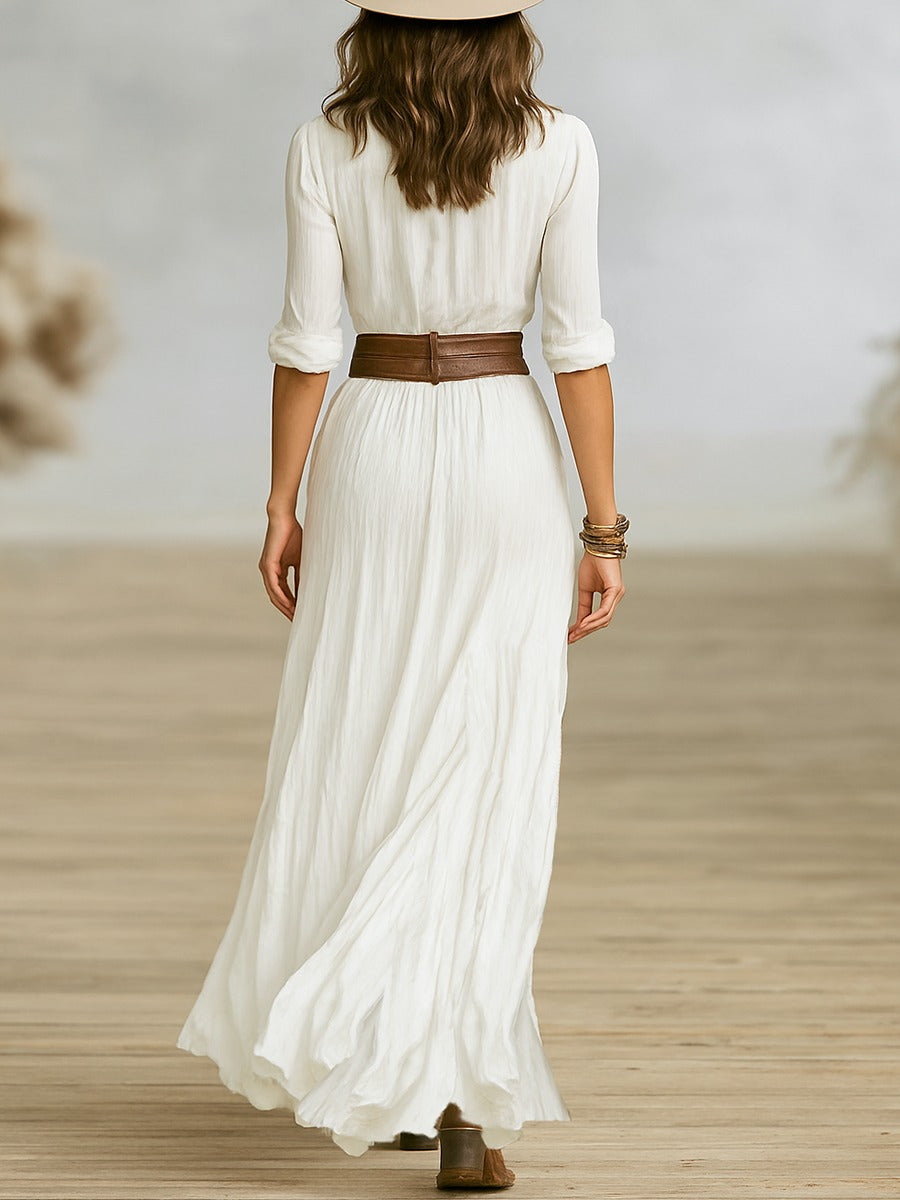 Elegant Long Belted Dress with Pleated Lapels for Women 6