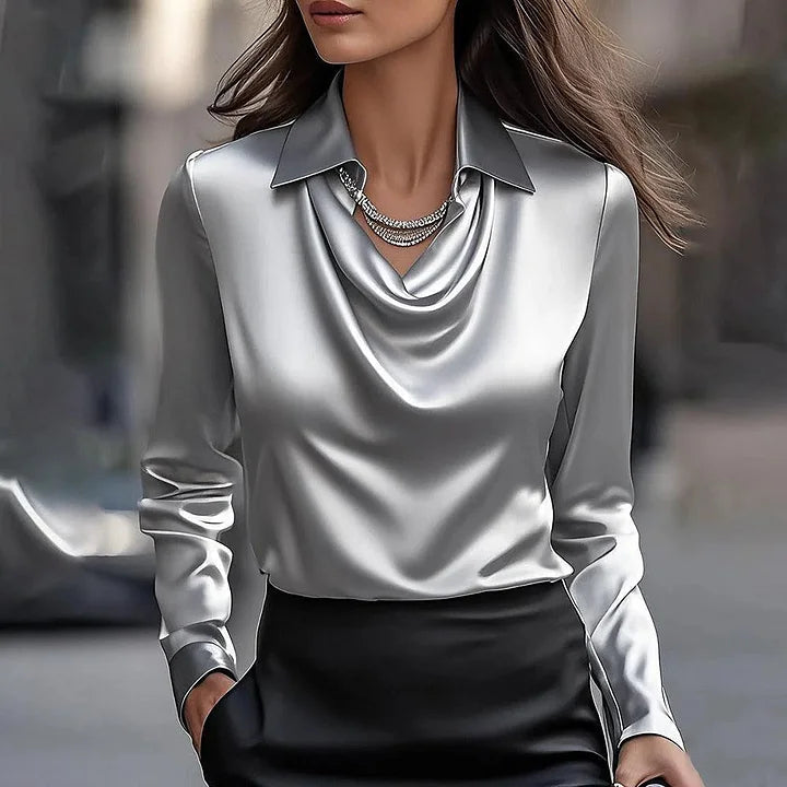 Elegant Shiny V-Neck Blouse for Women - Effortless Sophistication 2