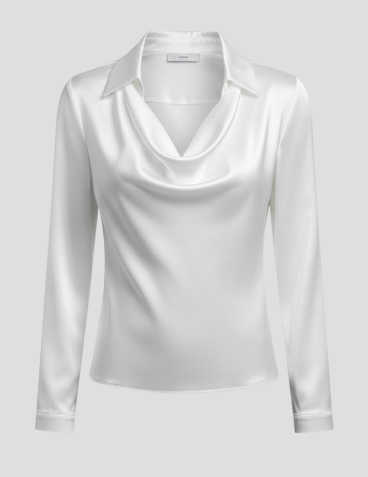 Elegant Women’s Blouse with Draped Collar and Long Sleeves 1