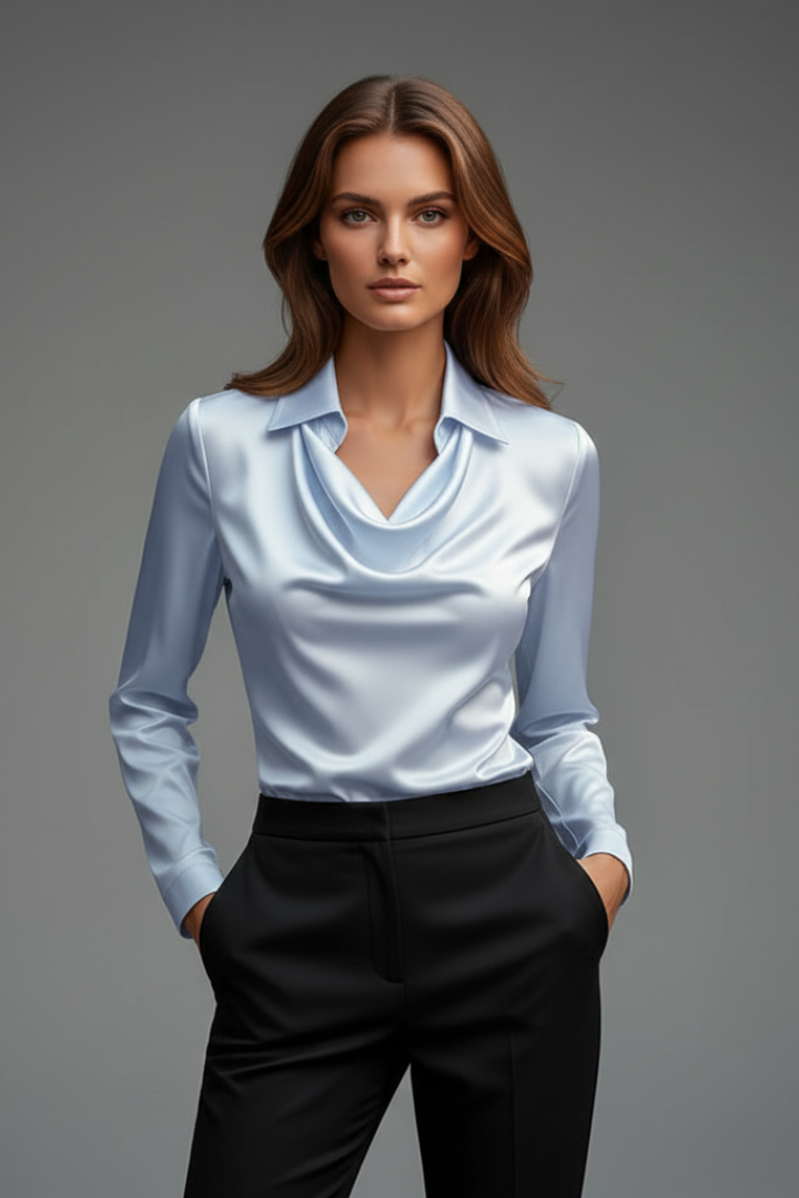 Elegant Women’s Blouse with Draped Collar and Long Sleeves 11