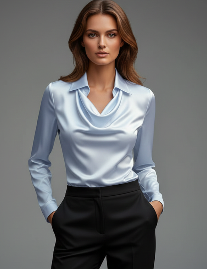 Elegant Women’s Blouse with Draped Collar and Long Sleeves 11