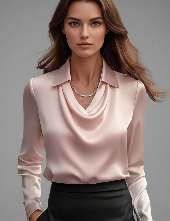 Elegant Women’s Blouse with Draped Collar and Long Sleeves 12