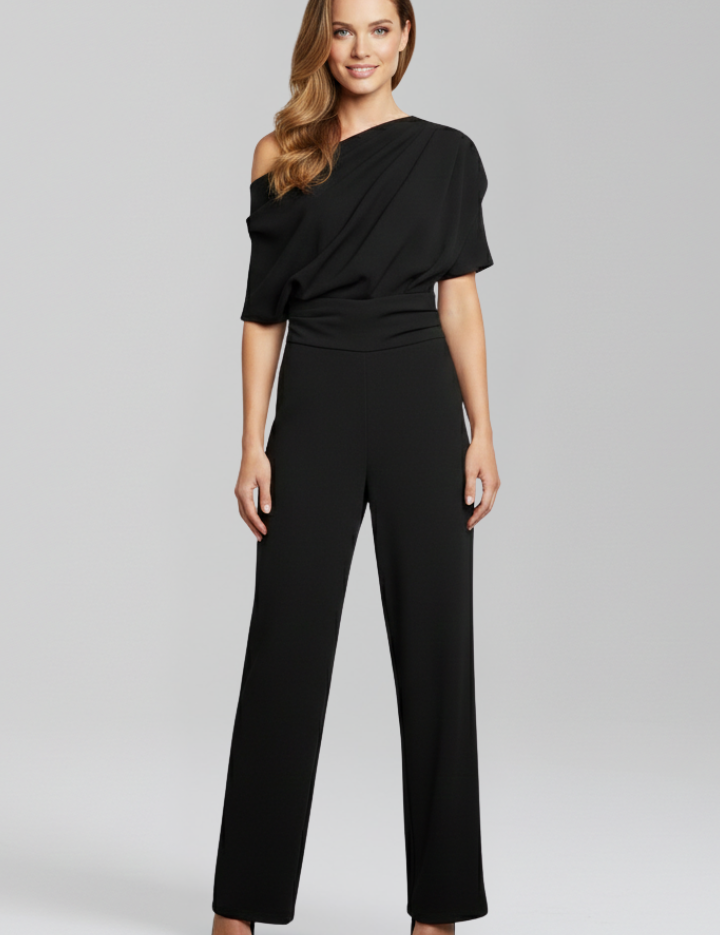 Elegant Women's Jumpsuit with Asymmetric Neckline and Wide Leg Trousers 0