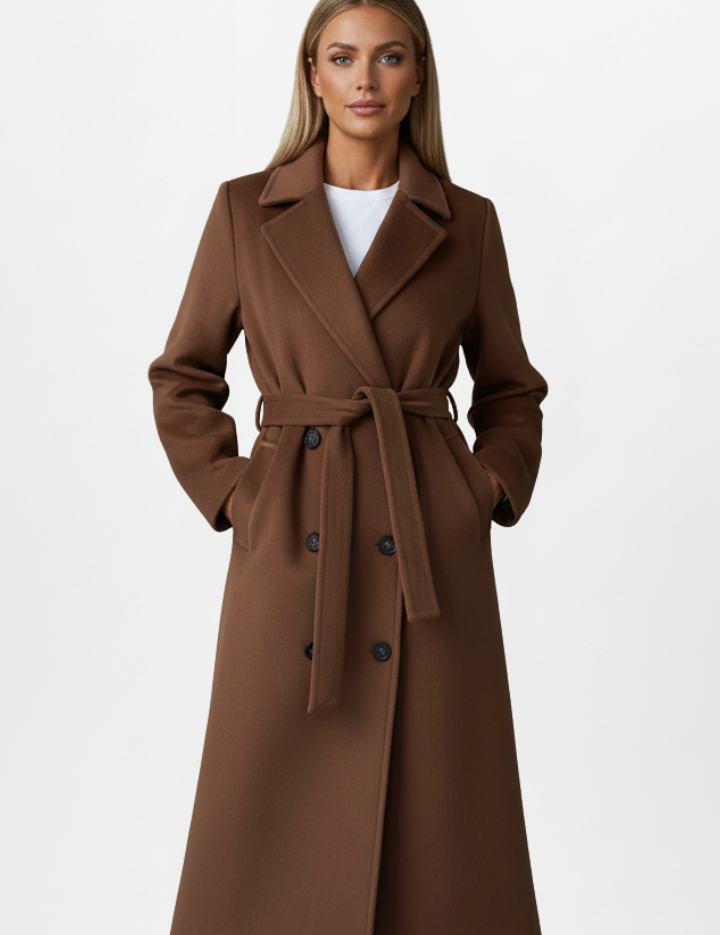 Elegant Women's Long Coat with Belt and Double-Breasted Front 6
