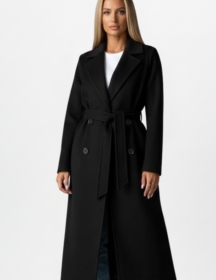 Elegant Women's Long Coat with Belt and Double-Breasted Front 7