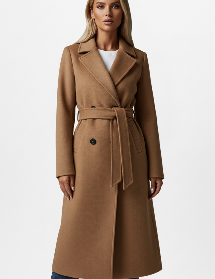 Elegant Women's Long Coat with Belt and Double-Breasted Front 8