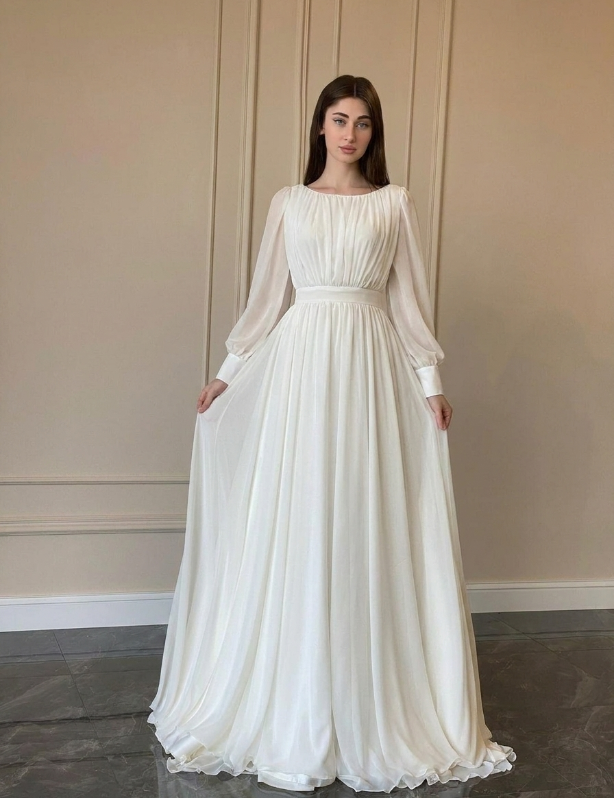 Elegant Women's Long Sleeve Wedding Dress Flowy Maxi Gown for Bridal Ceremony 0