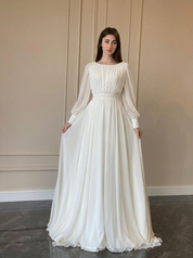Elegant Women's Long Sleeve Wedding Dress Flowy Maxi Gown for Bridal Ceremony 0