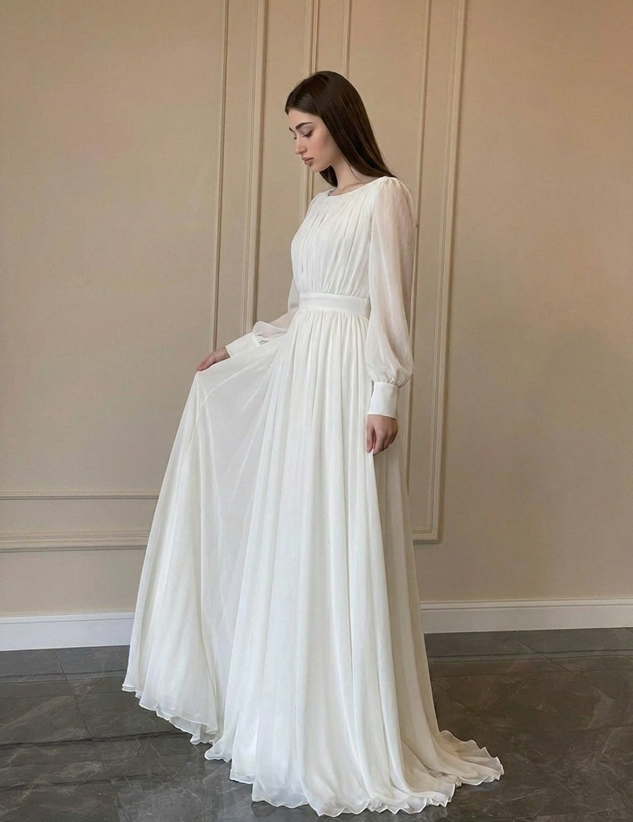 Elegant Women's Long Sleeve Wedding Dress Flowy Maxi Gown for Bridal Ceremony 1