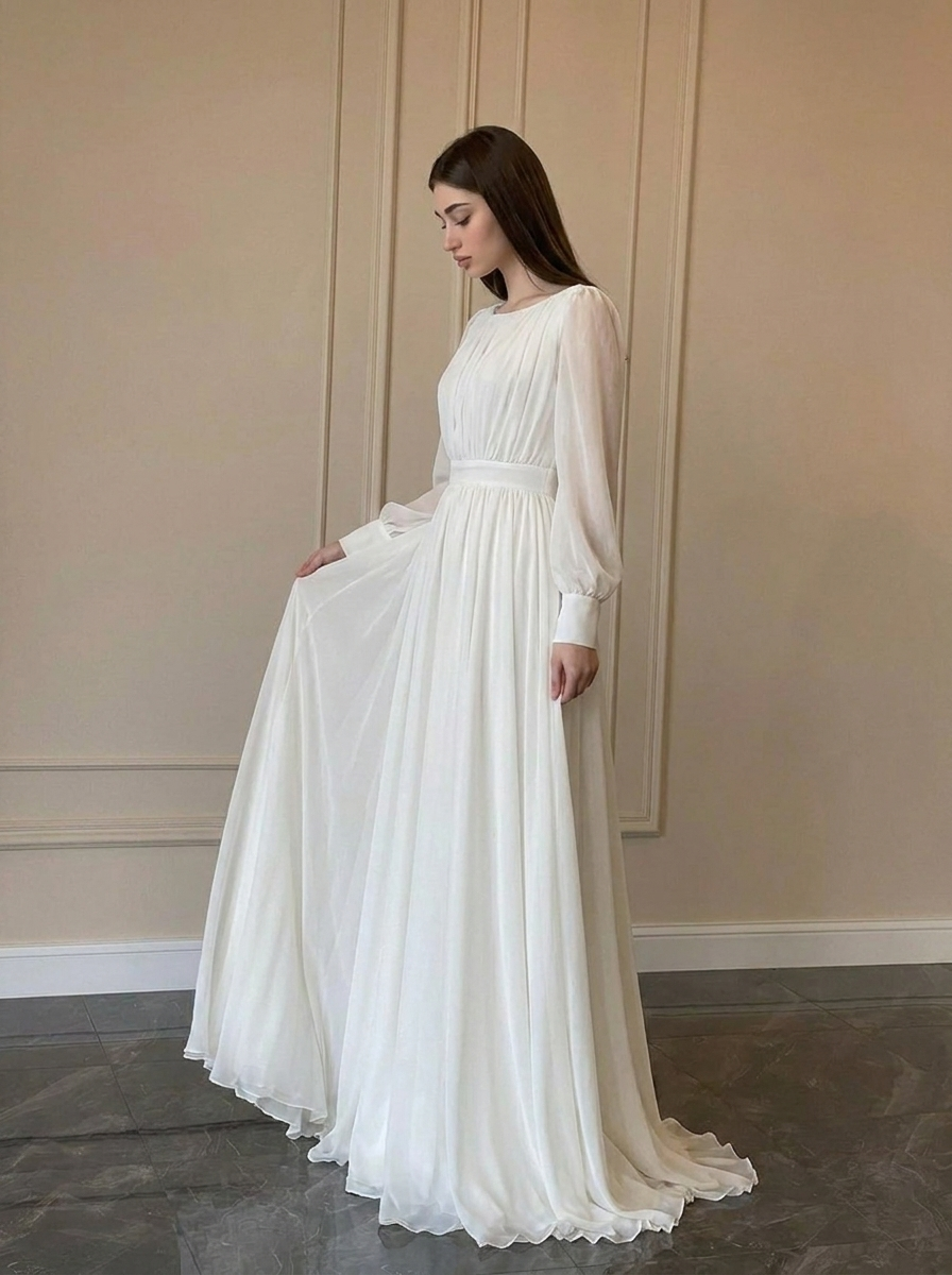 Elegant Women's Long Sleeve Wedding Dress Flowy Maxi Gown for Bridal Ceremony 1