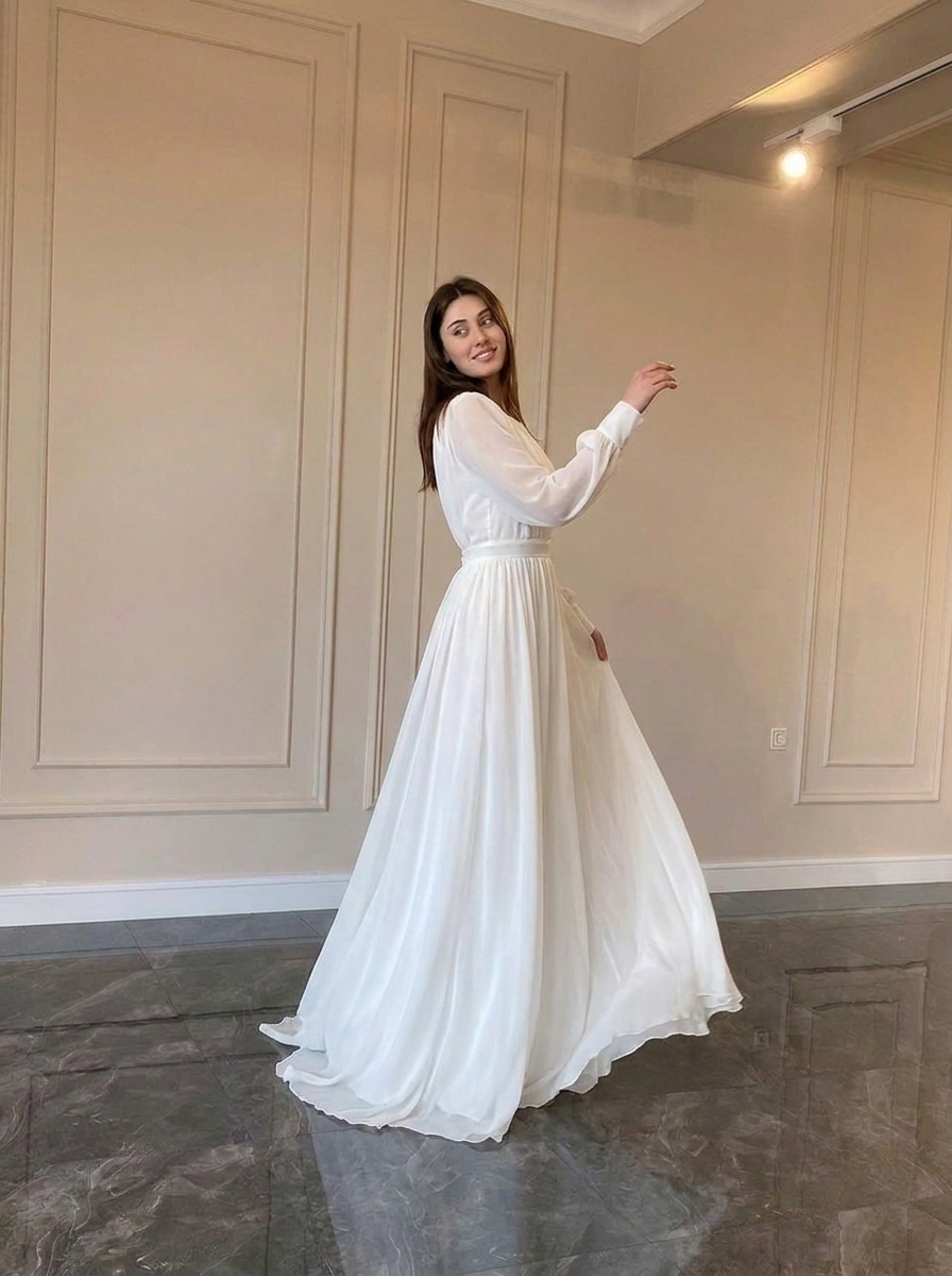 Elegant Women's Long Sleeve Wedding Dress Flowy Maxi Gown for Bridal Ceremony 2
