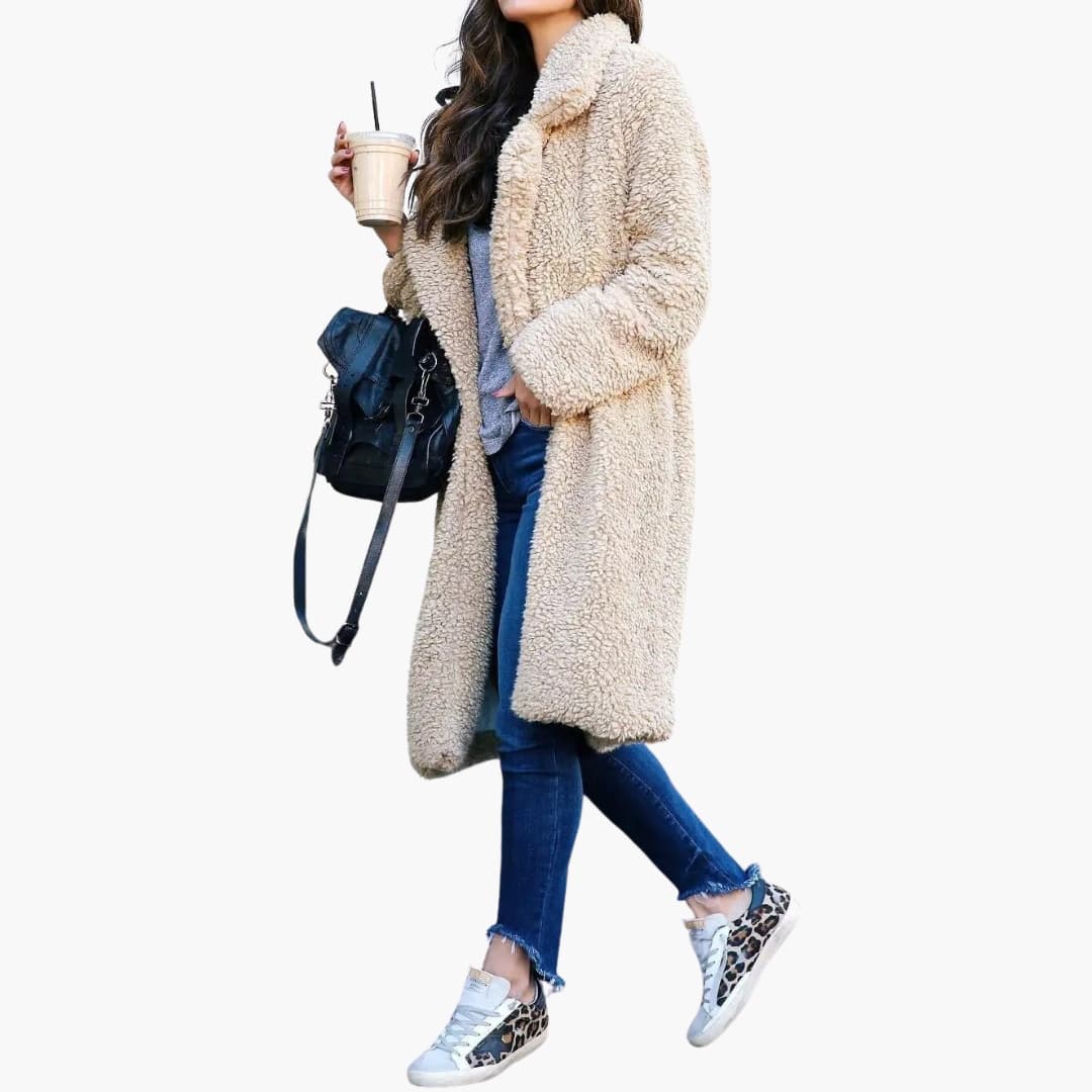 Elegant Women's Long Teddy Coat with Wide Collar for Stylish Layering 0