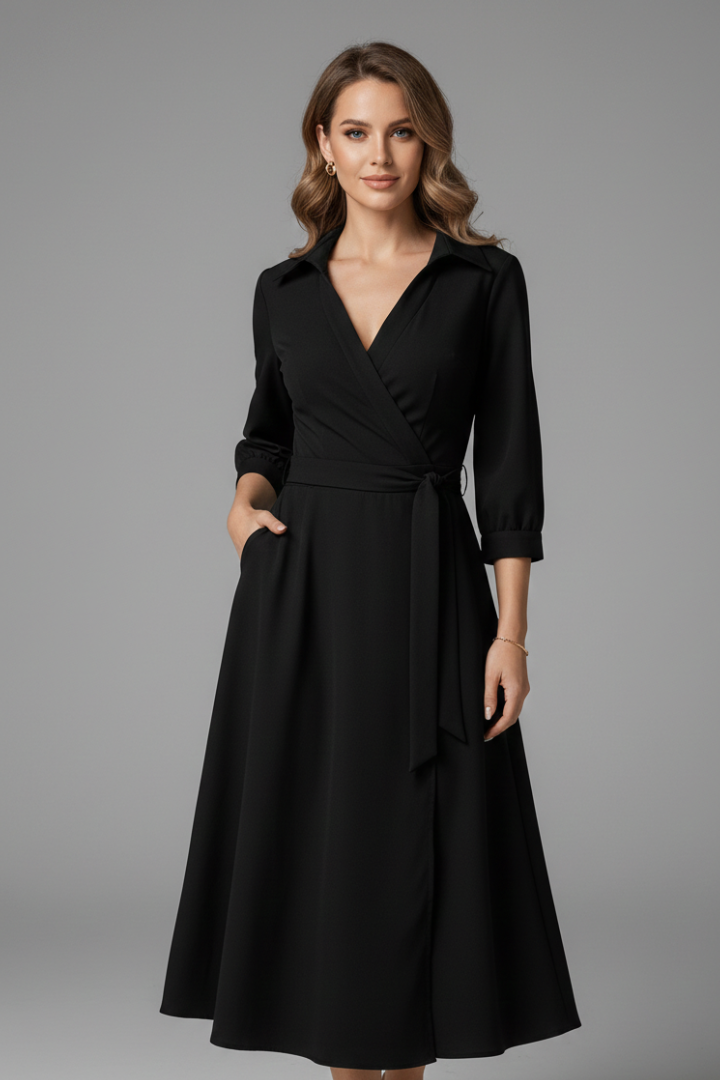 Elegant Women’s Midi Dress with V-Neck and Long Sleeves for Summer 0