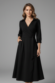 Elegant Women’s Midi Dress with V-Neck and Long Sleeves for Summer 0
