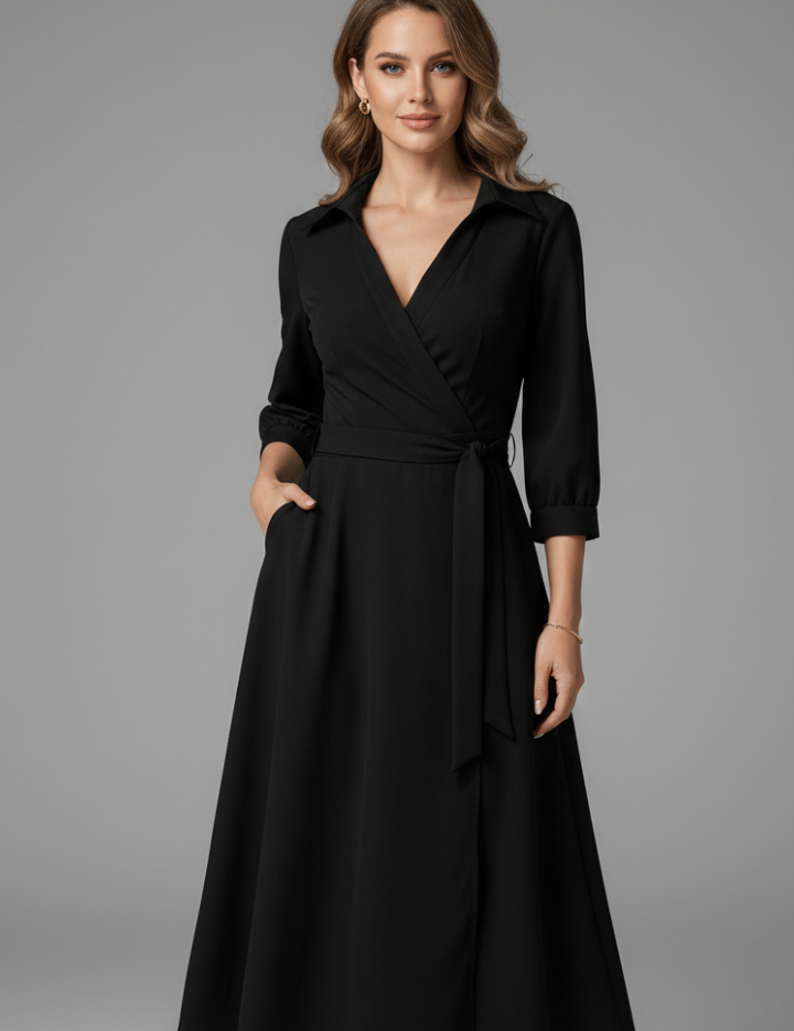 Elegant Women’s Midi Dress with V-Neck and Long Sleeves for Summer 0