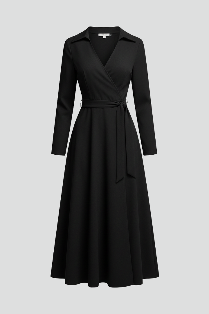Elegant Women’s Midi Dress with V-Neck and Long Sleeves for Summer 1