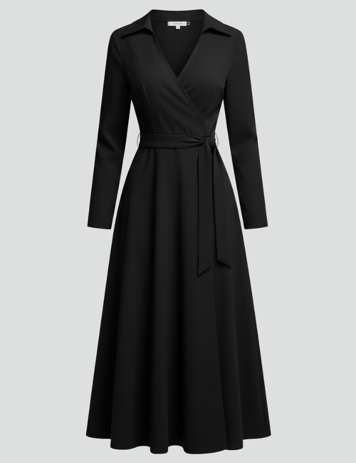 Elegant Women’s Midi Dress with V-Neck and Long Sleeves for Summer 1