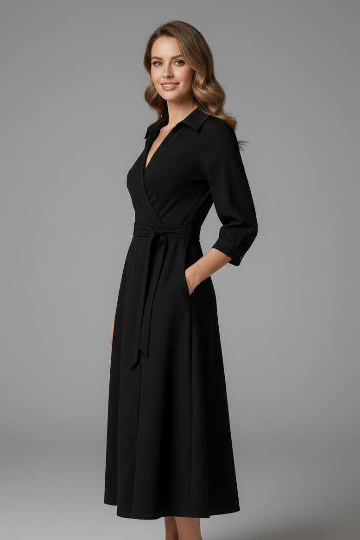 Elegant Women’s Midi Dress with V-Neck and Long Sleeves for Summer 2
