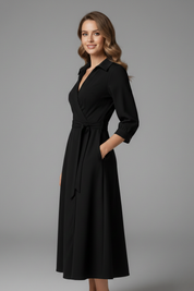 Elegant Women’s Midi Dress with V-Neck and Long Sleeves for Summer 2