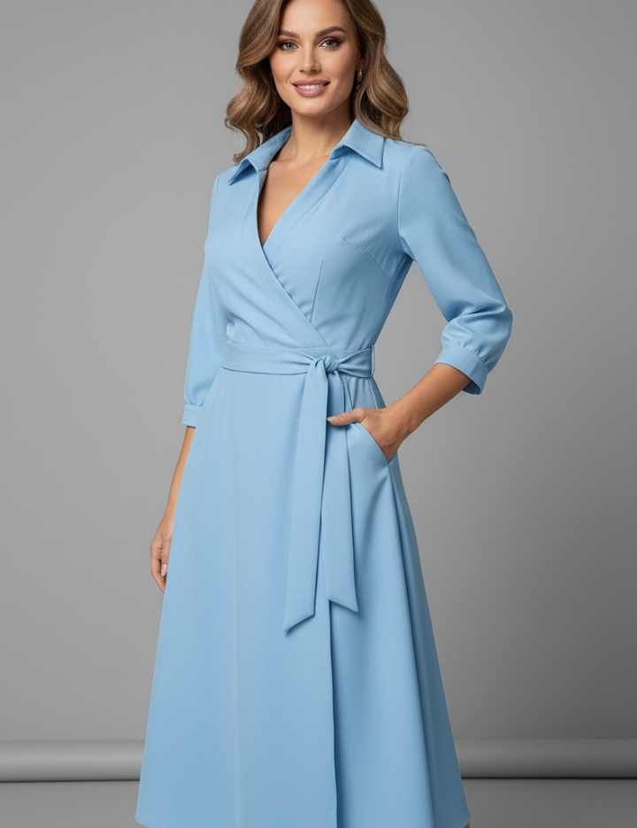 Elegant Women’s Midi Dress with V-Neck and Long Sleeves for Summer 4
