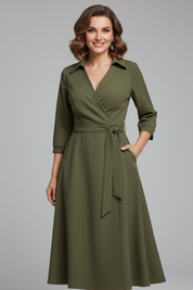 Elegant Women’s Midi Dress with V-Neck and Long Sleeves for Summer 5