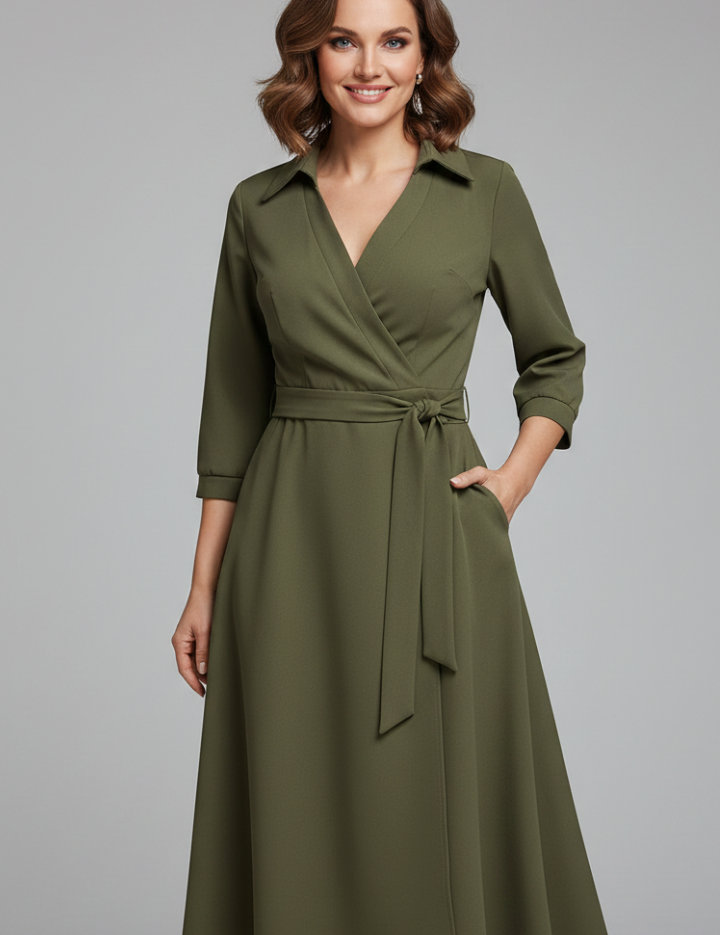 Elegant Women’s Midi Dress with V-Neck and Long Sleeves for Summer 5