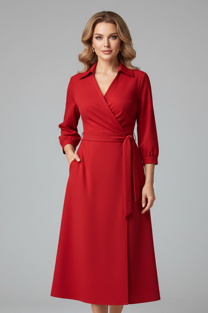 Elegant Women’s Midi Dress with V-Neck and Long Sleeves for Summer 6