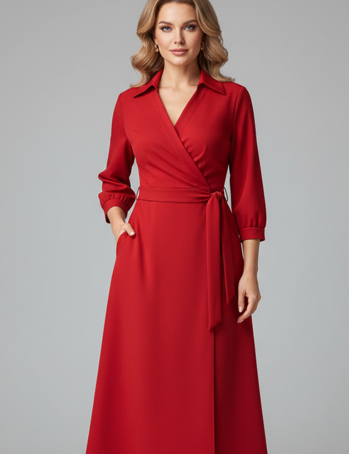 Elegant Women’s Midi Dress with V-Neck and Long Sleeves for Summer 6