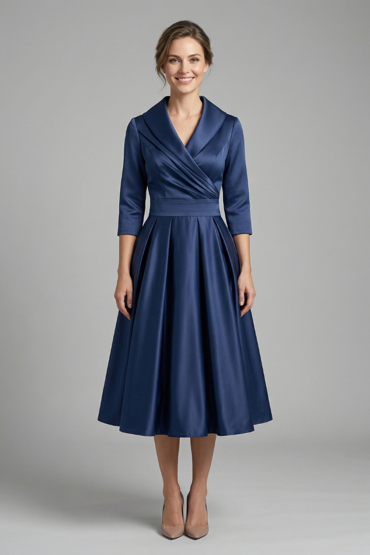Elegant Women’s Midi Dress with Wrap Neckline and Pleated Skirt 0