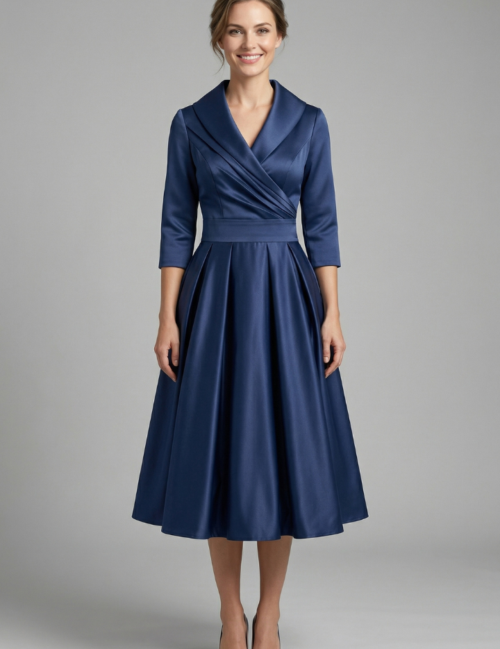 Elegant Women’s Midi Dress with Wrap Neckline and Pleated Skirt 0
