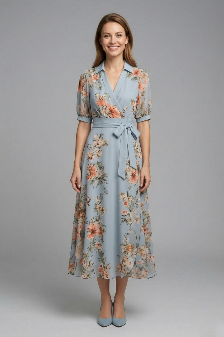 Elegant Women’s V-Neck Wrap Dress with Waist Tie for Summer 0