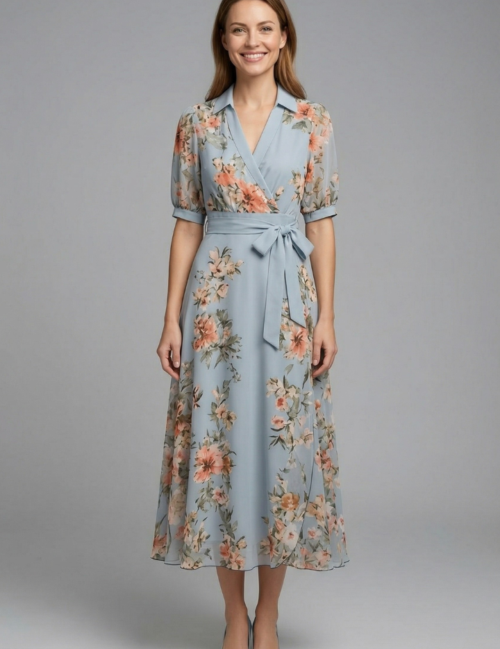 Elegant Women’s V-Neck Wrap Dress with Waist Tie for Summer 0