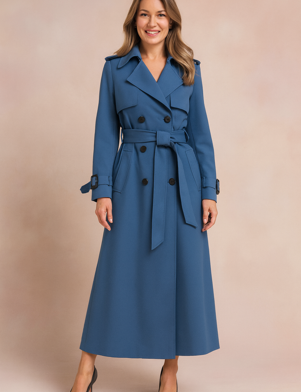 Emilia | Long trench coat with belt and buckles 1