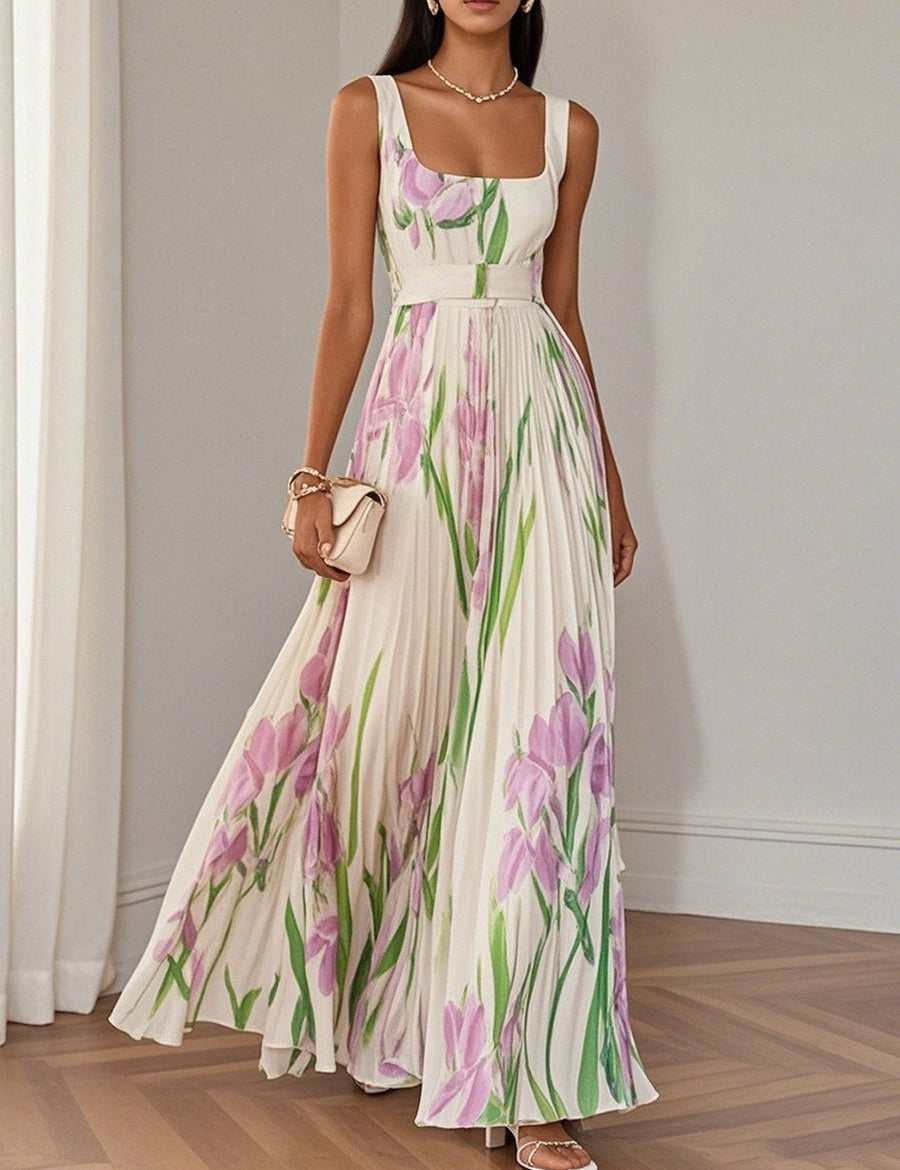 Evelyn | Women's Pleated Floral Summer Dress Square Neck Chiffon Maxi 0