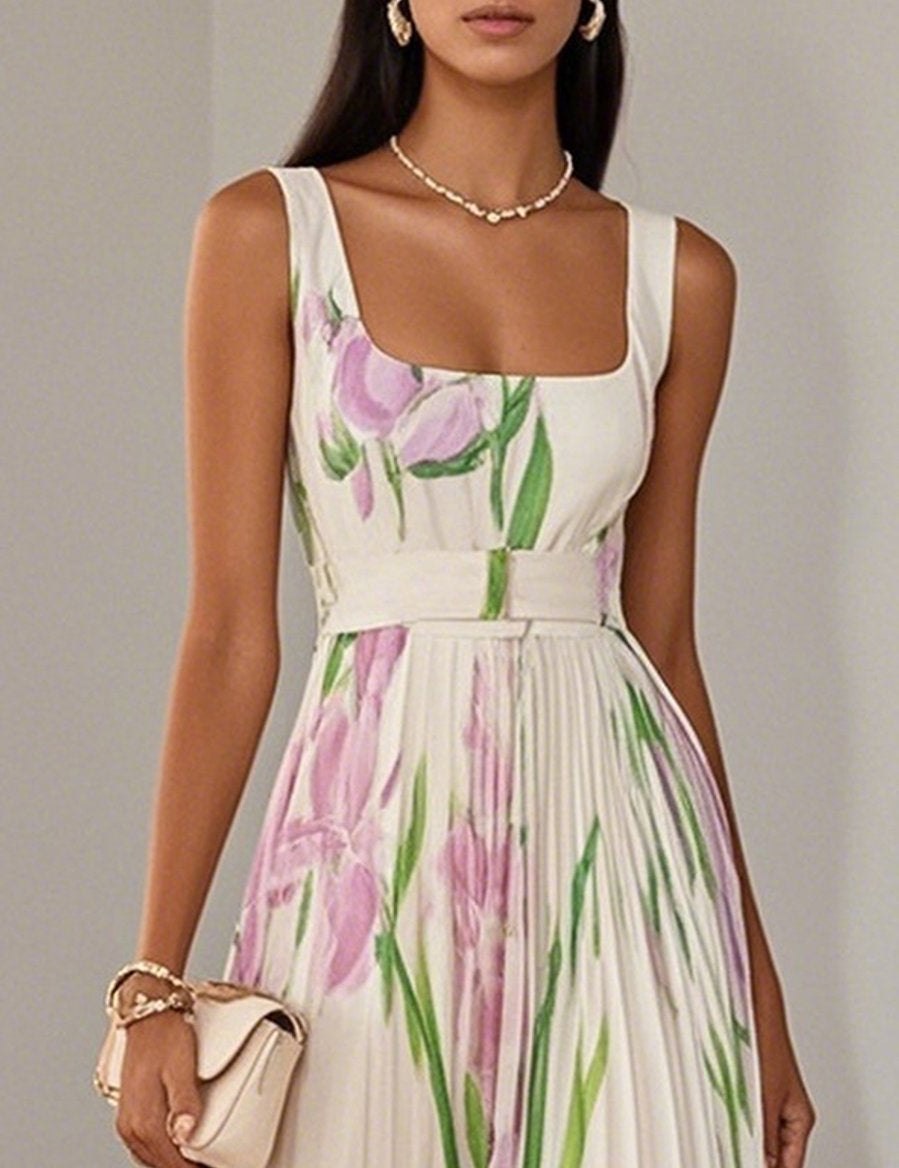 Evelyn | Women's Pleated Floral Summer Dress Square Neck Chiffon Maxi 1